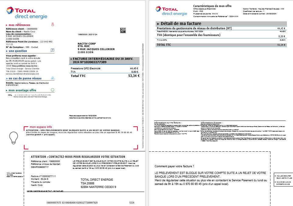 France Total Direct Energie business utility bill template in Word and PDF formats1